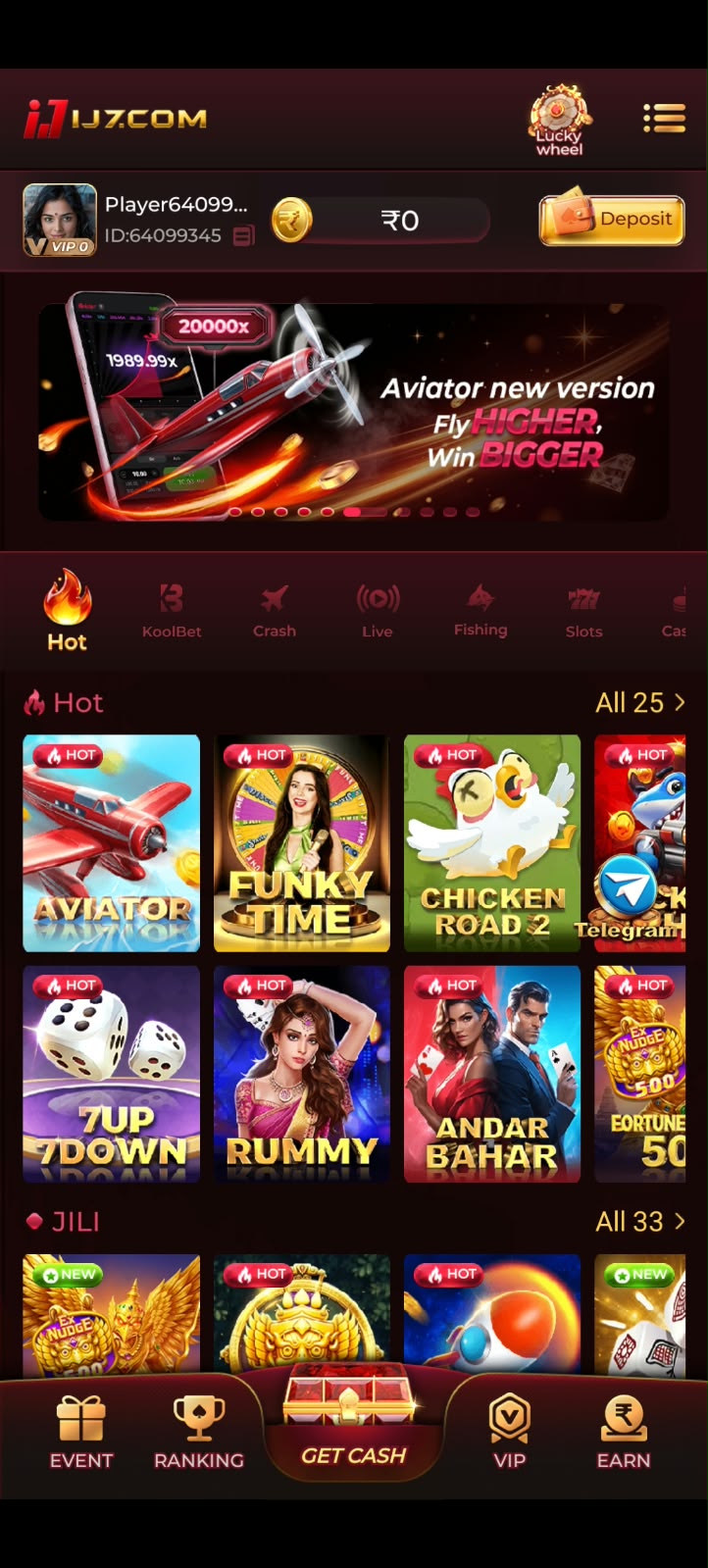 IJ7 Game dashboard showing Aviator, Rummy, Andar Bahar and other games