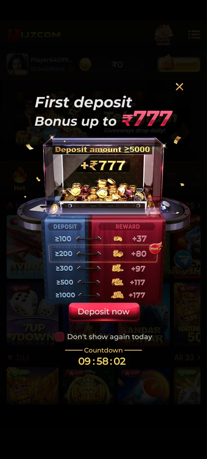 IJ7 Game first deposit bonus offer with ₹777 reward promotion